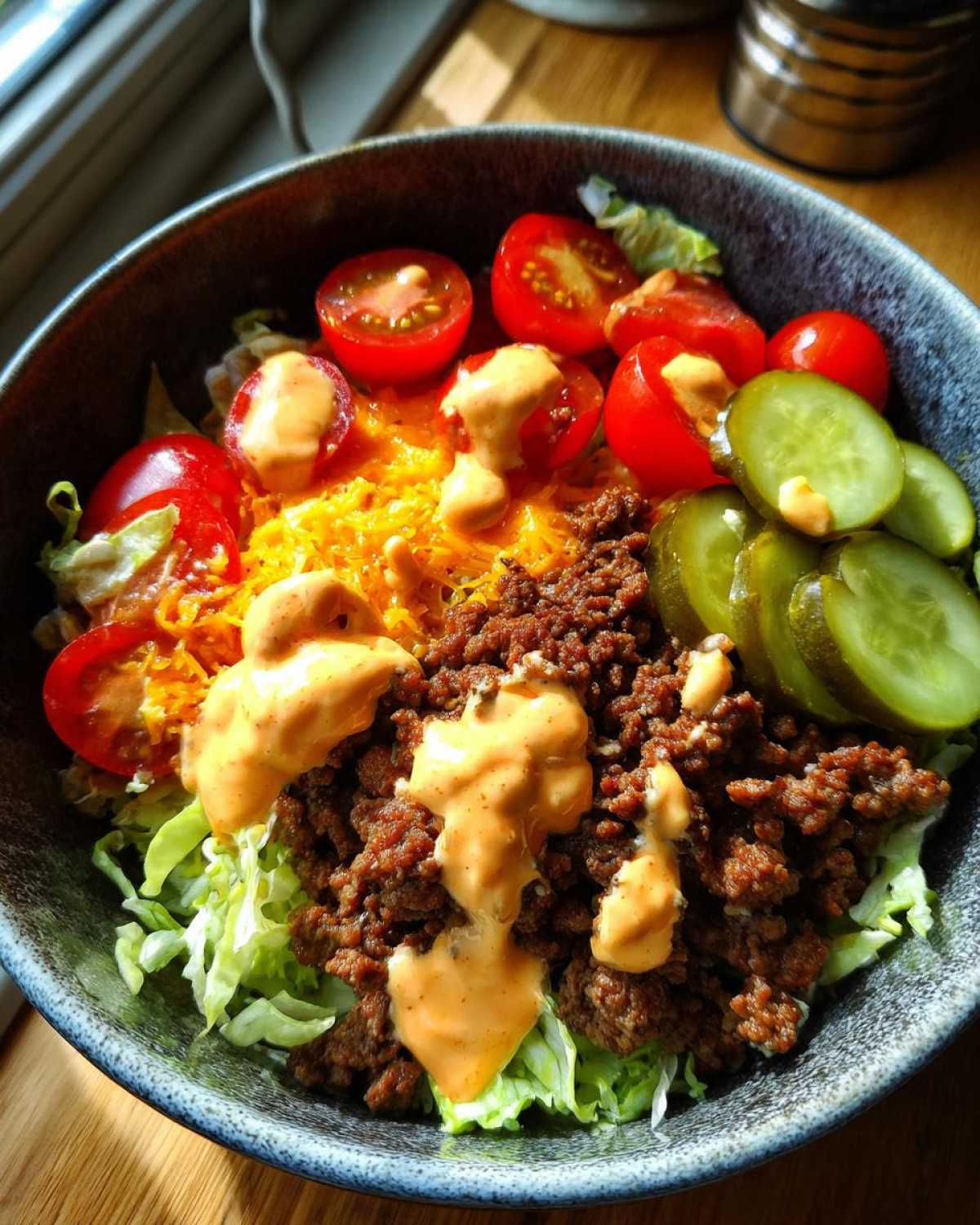 Close-up of a cheeseburger bowl featuring seasoned ground beef, shredded cheese, lettuce, cherry tomatoes, and pickles.
