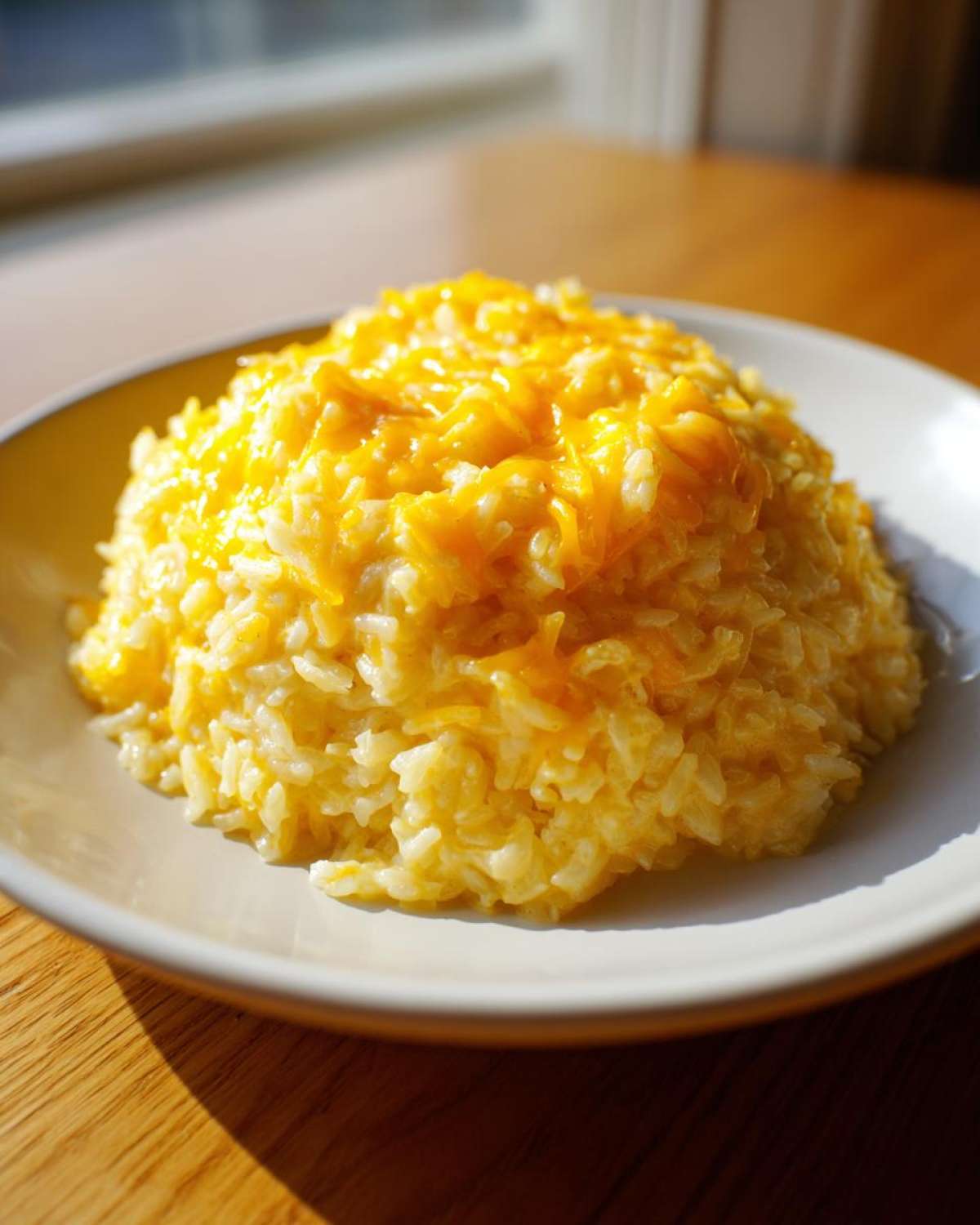 A mound of amazing cheesy rice topped with melted orange cheddar cheese served in a light-colored bowl.