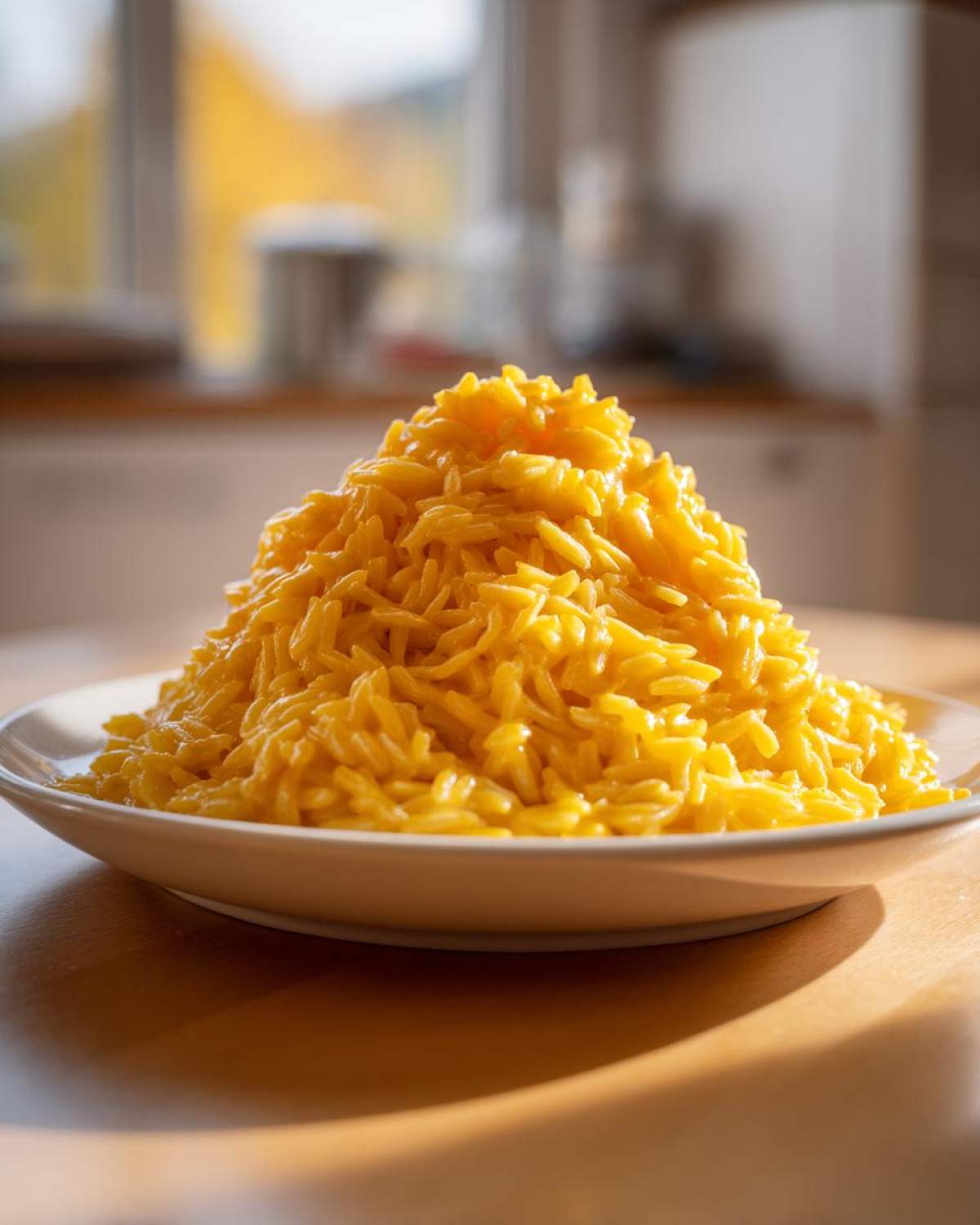 A tall mound of bright yellow, creamy cheesy rice served on a white plate on a wooden table.