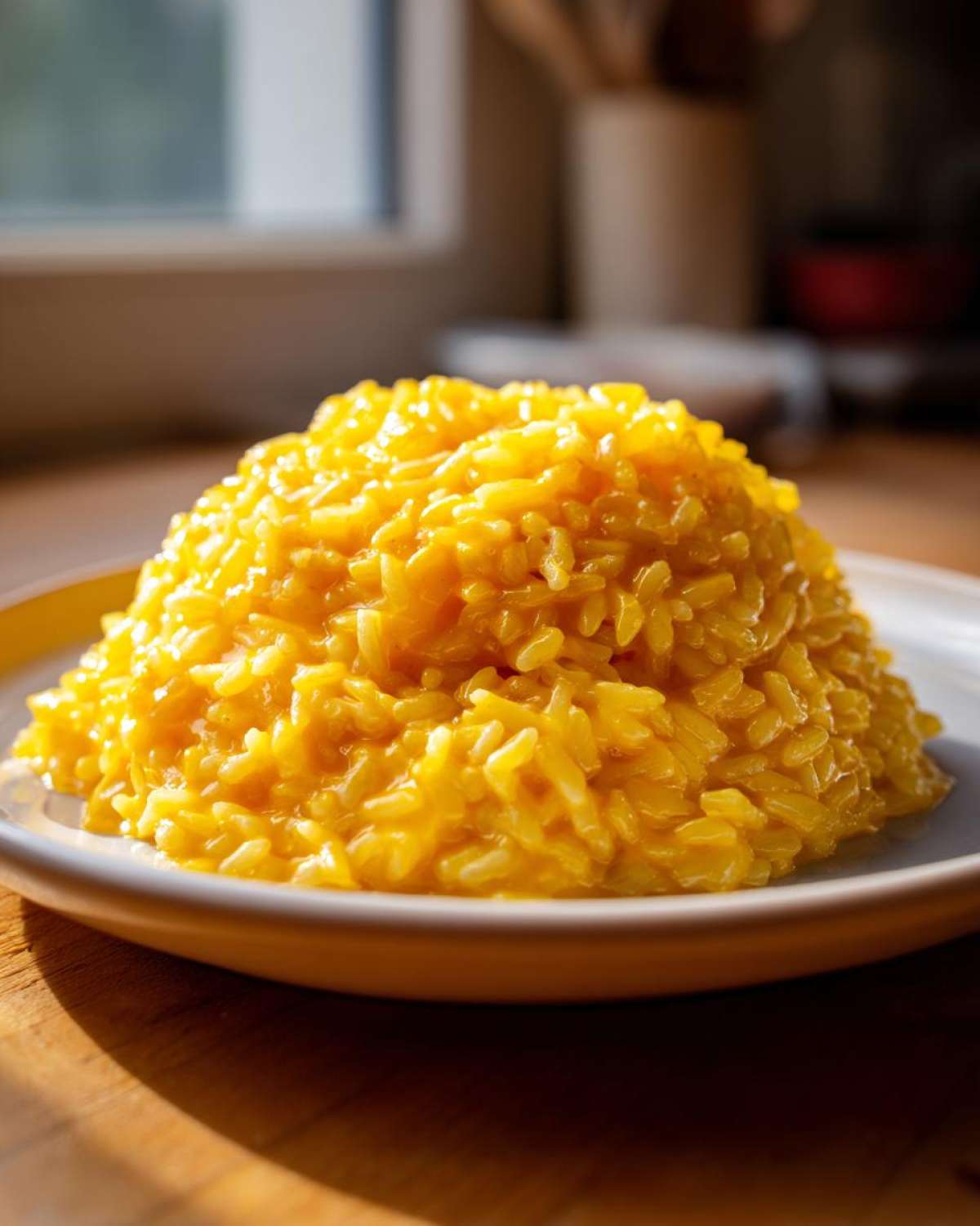 A close-up of a perfectly molded mound of bright yellow, creamy cheesy rice served on a white and yellow-rimmed plate.