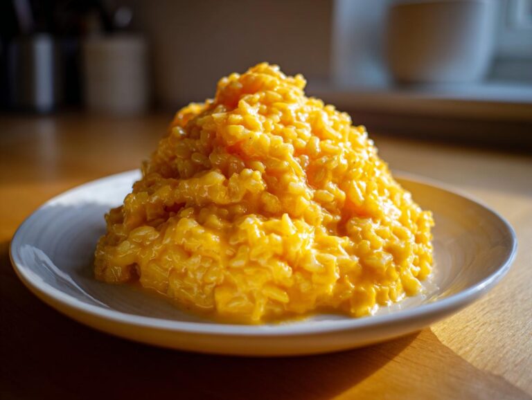 A close-up of a generous mound of bright orange, creamy cheesy rice served on a white plate.
