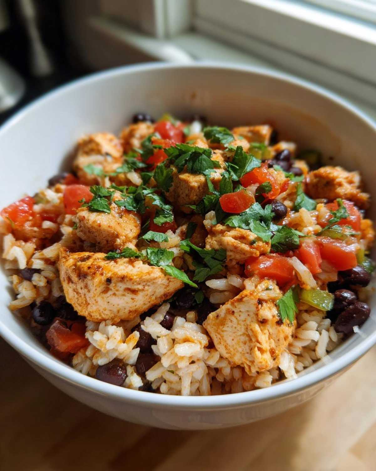 A close-up of a white bowl filled with a delicious chicken burrito bowl, featuring seasoned chicken, rice, black beans, and fresh cilantro.