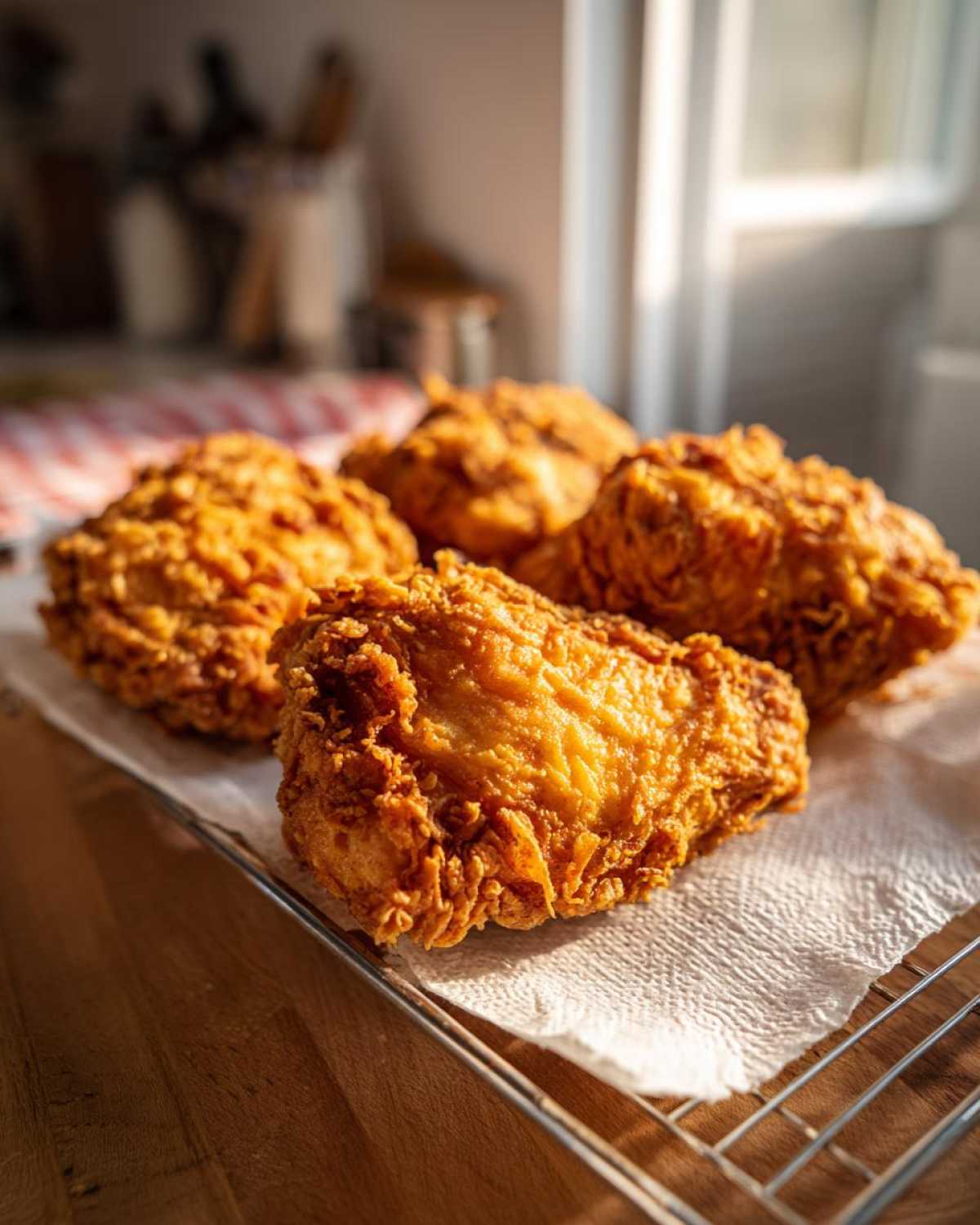 Four pieces of golden brown, crispy fried chicken resting on a paper towel-lined wire rack.