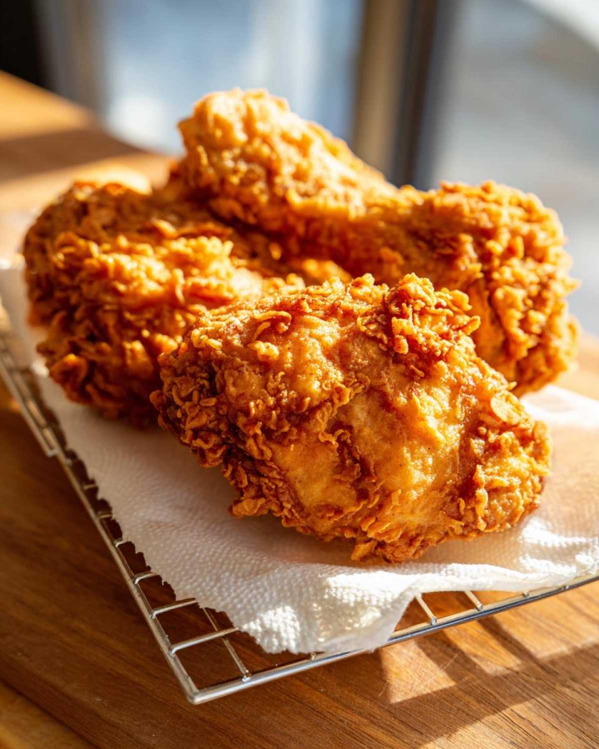 Three pieces of golden brown, crispy fried chicken resting on a paper towel atop a wire rack.