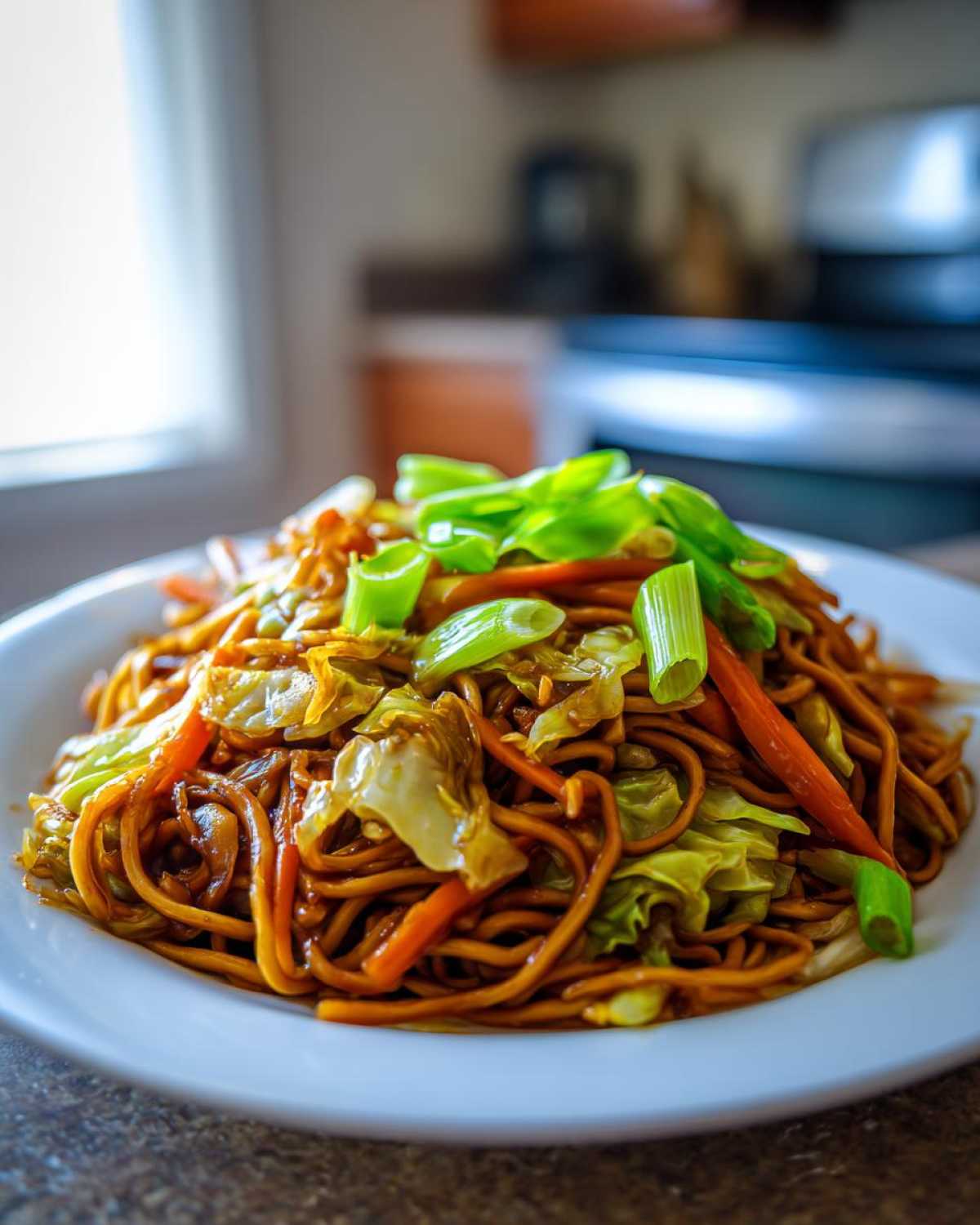 A vibrant plate of amazing 15-minute fried noodles mixed with cabbage and carrots, topped with green onions.