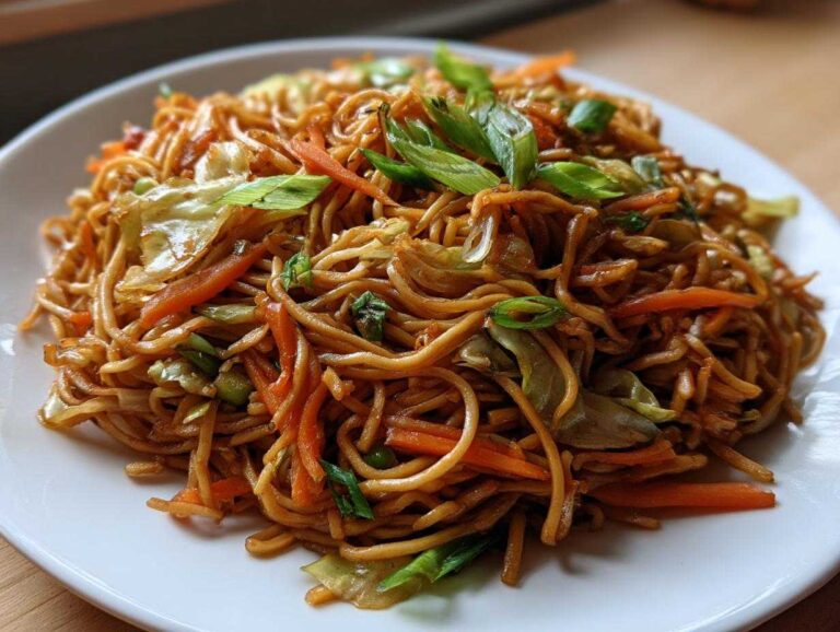 A close-up shot of a generous serving of savory, saucy fried noodles mixed with shredded carrots and cabbage, garnished with green onions.