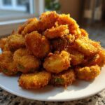 A large pile of golden brown, crispy Fried Pickles stacked high on a white plate, catching bright sunlight.