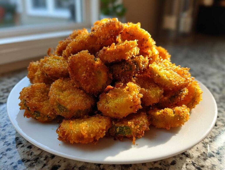A large pile of golden brown, crispy Fried Pickles stacked high on a white plate, catching bright sunlight.