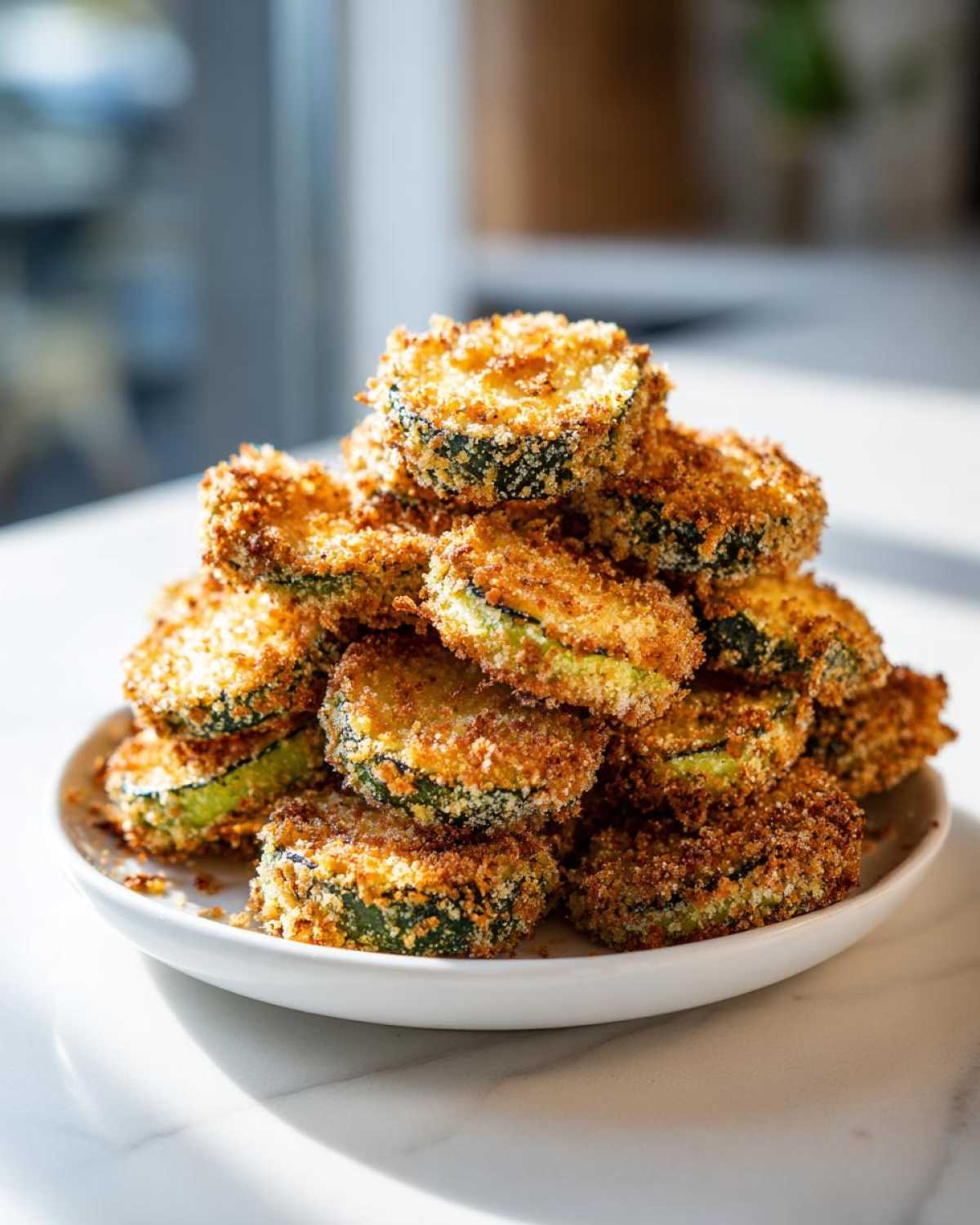 A tall stack of golden brown, crunchy fried pickles piled high on a white plate.