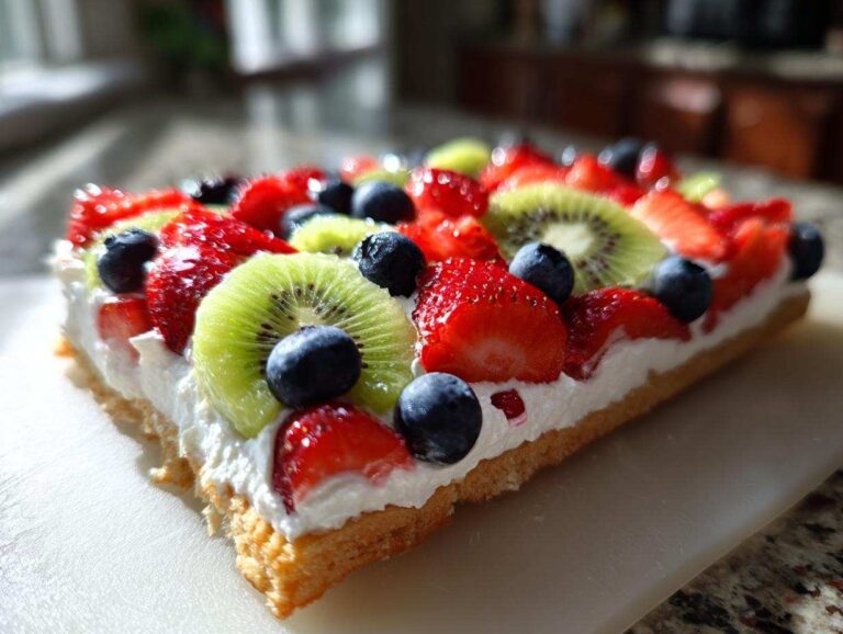 Close-up of a rectangular fruit pizza sugar cookie topped with white frosting, strawberries, kiwi slices, and blueberries.