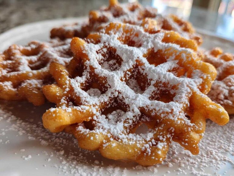 Close-up of freshly made funnel cake recipe pieces dusted heavily with white powdered sugar on a white plate.