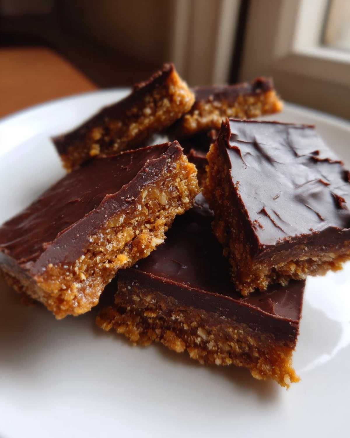 Several squares of amazing graham cracker toffee with a thick chocolate topping resting on a white plate.