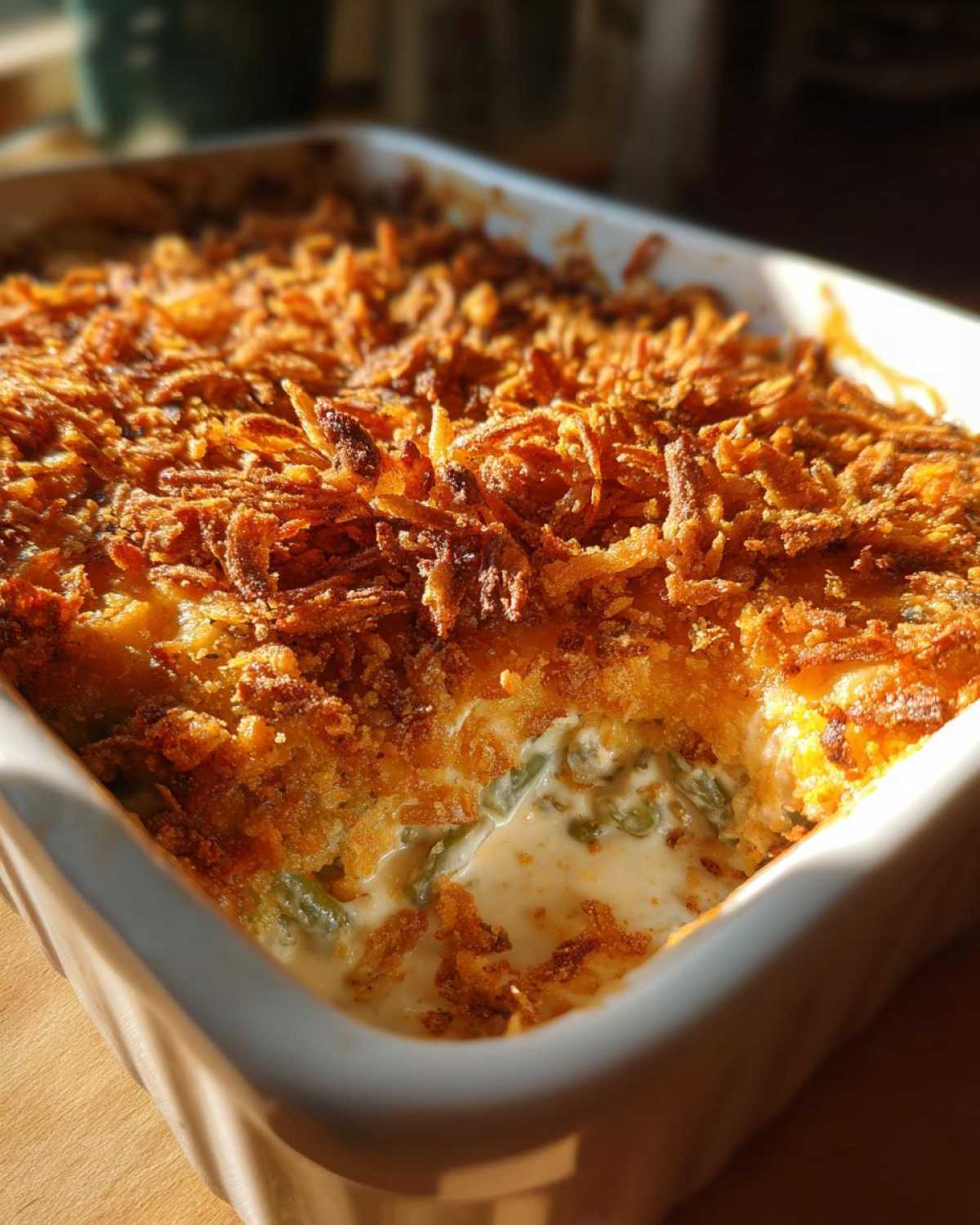 Close-up of a freshly baked green bean casserole in a white dish, showing creamy interior and crispy fried onion topping.