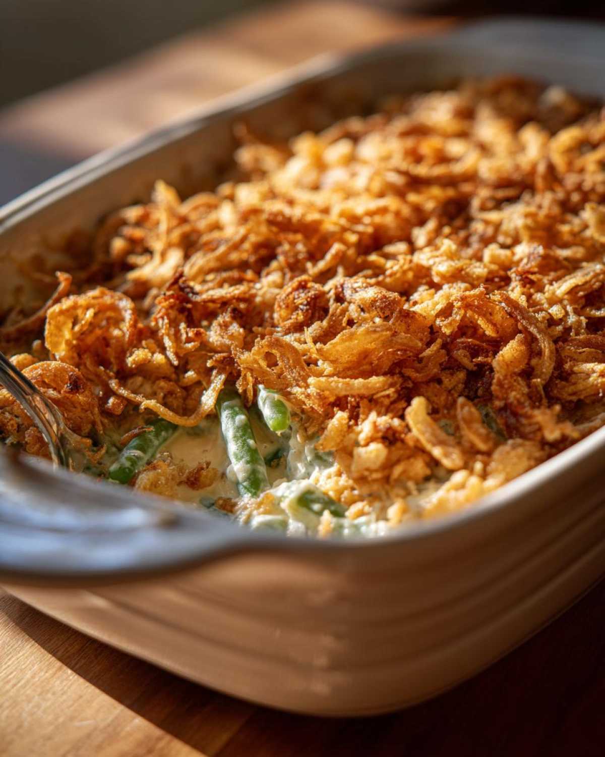 Close-up of creamy green bean casserole topped generously with crispy fried onions.