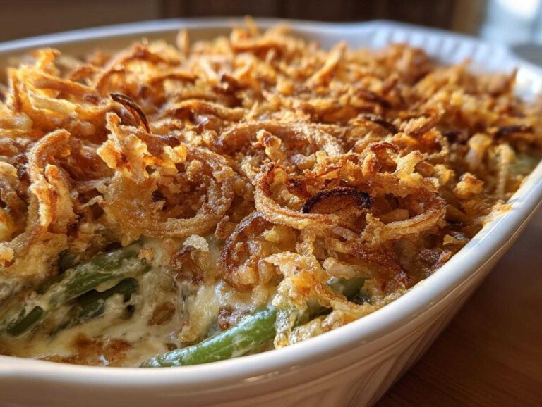 A close-up of a creamy green bean casserole topped generously with golden, crispy fried onions.
