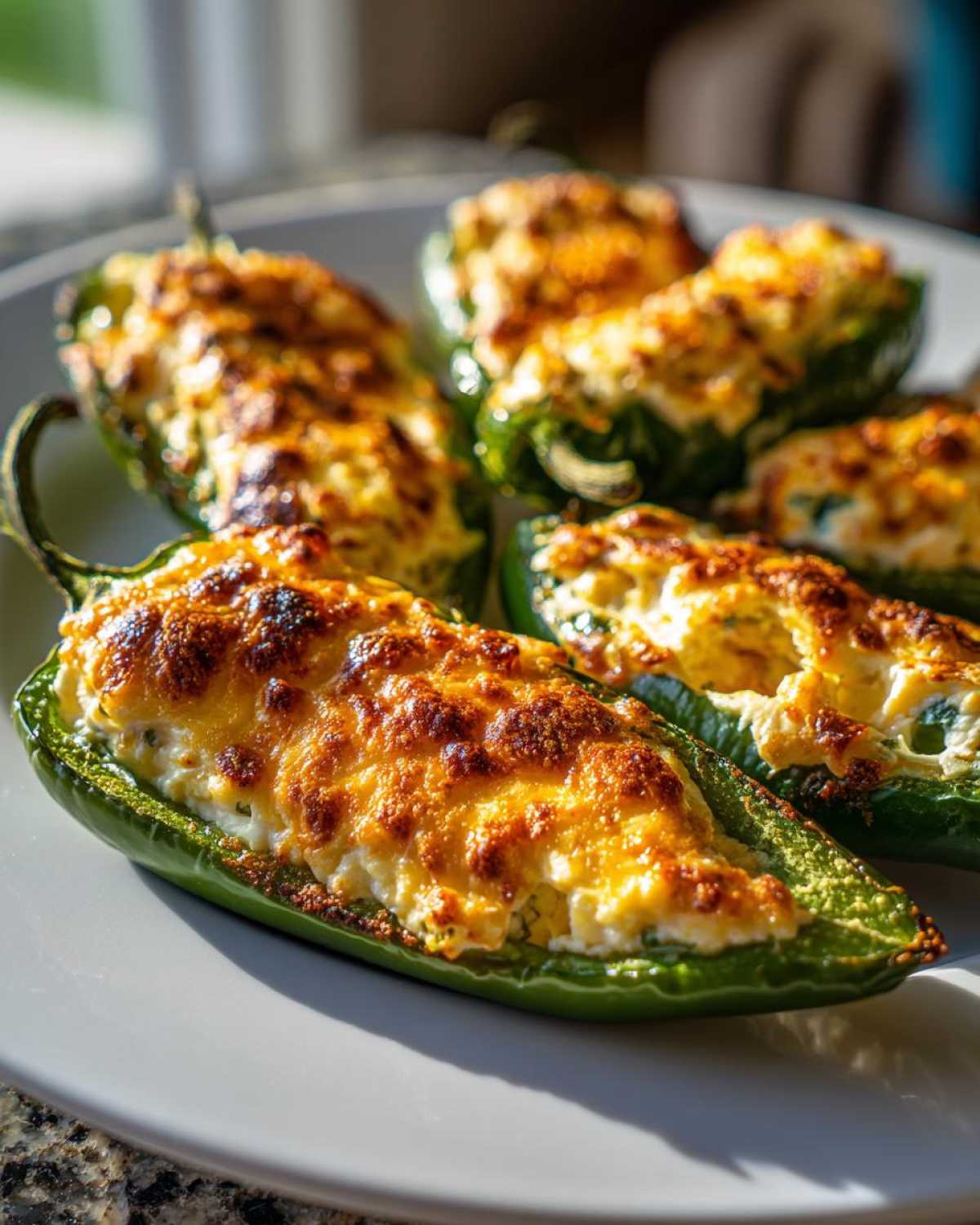 Close-up of several baked Jalapeño poppers stuffed with creamy cheese filling and topped with browned, bubbly cheese.