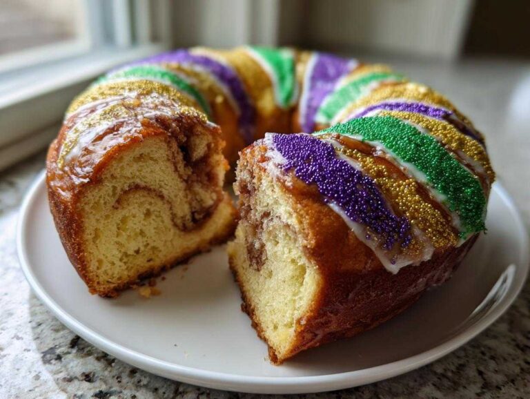 A delicious homemade king cake with a slice removed, showing the cinnamon swirl interior and purple, green, and gold sprinkles.