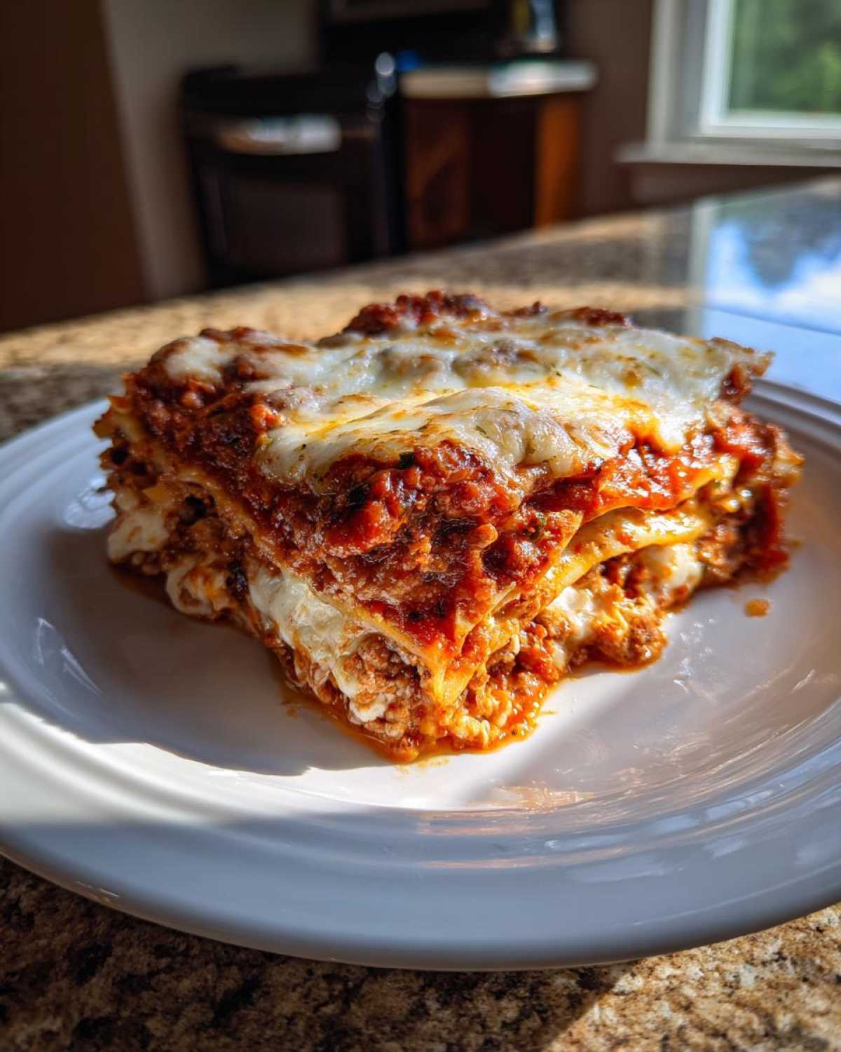 A hearty, multi-layered slice of amazing lasagna with rich meat sauce and melted mozzarella cheese on a white plate.