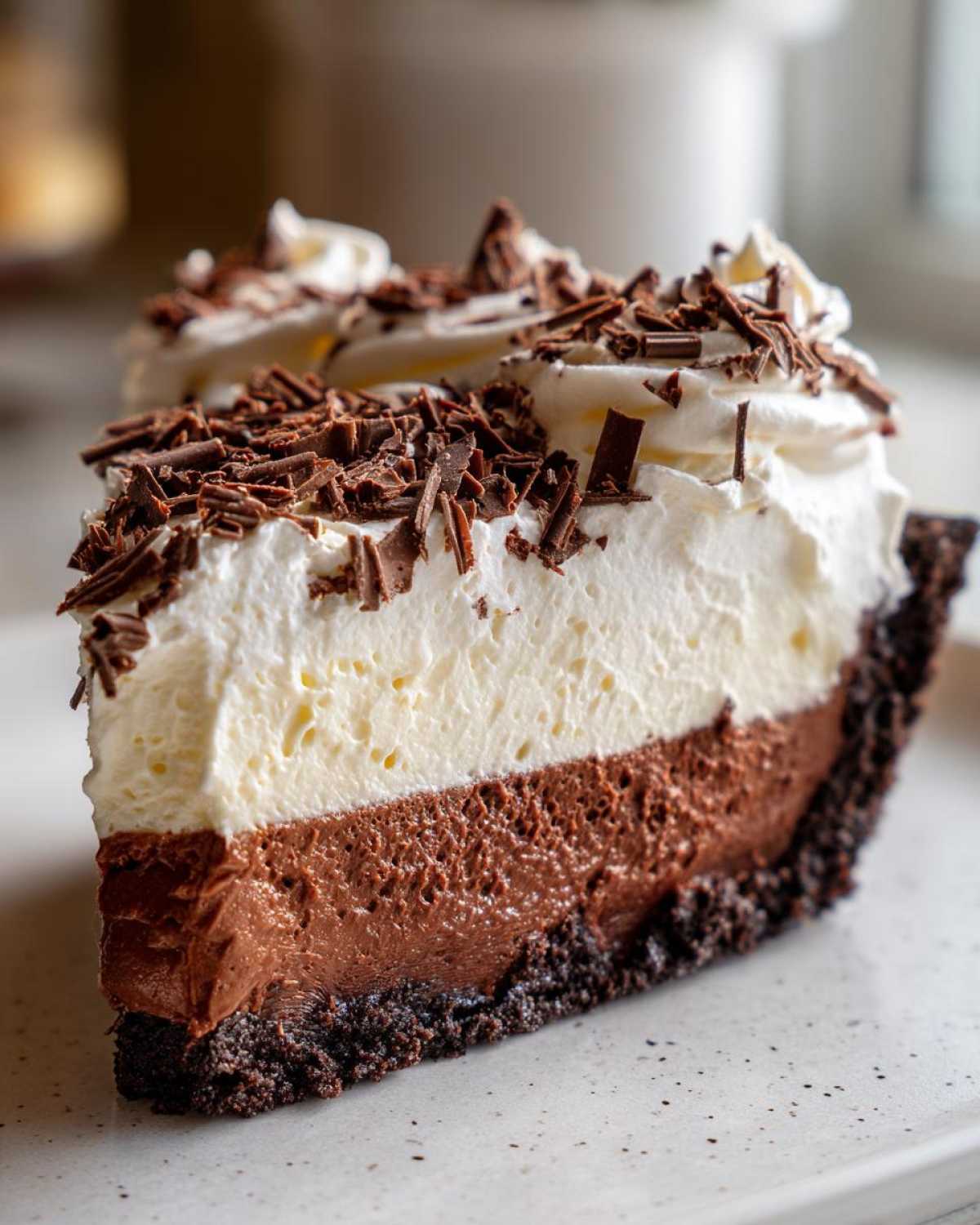 Close-up of a rich slice of mud pie showing a dark crust, chocolate layer, white cream layer, and chocolate shavings.