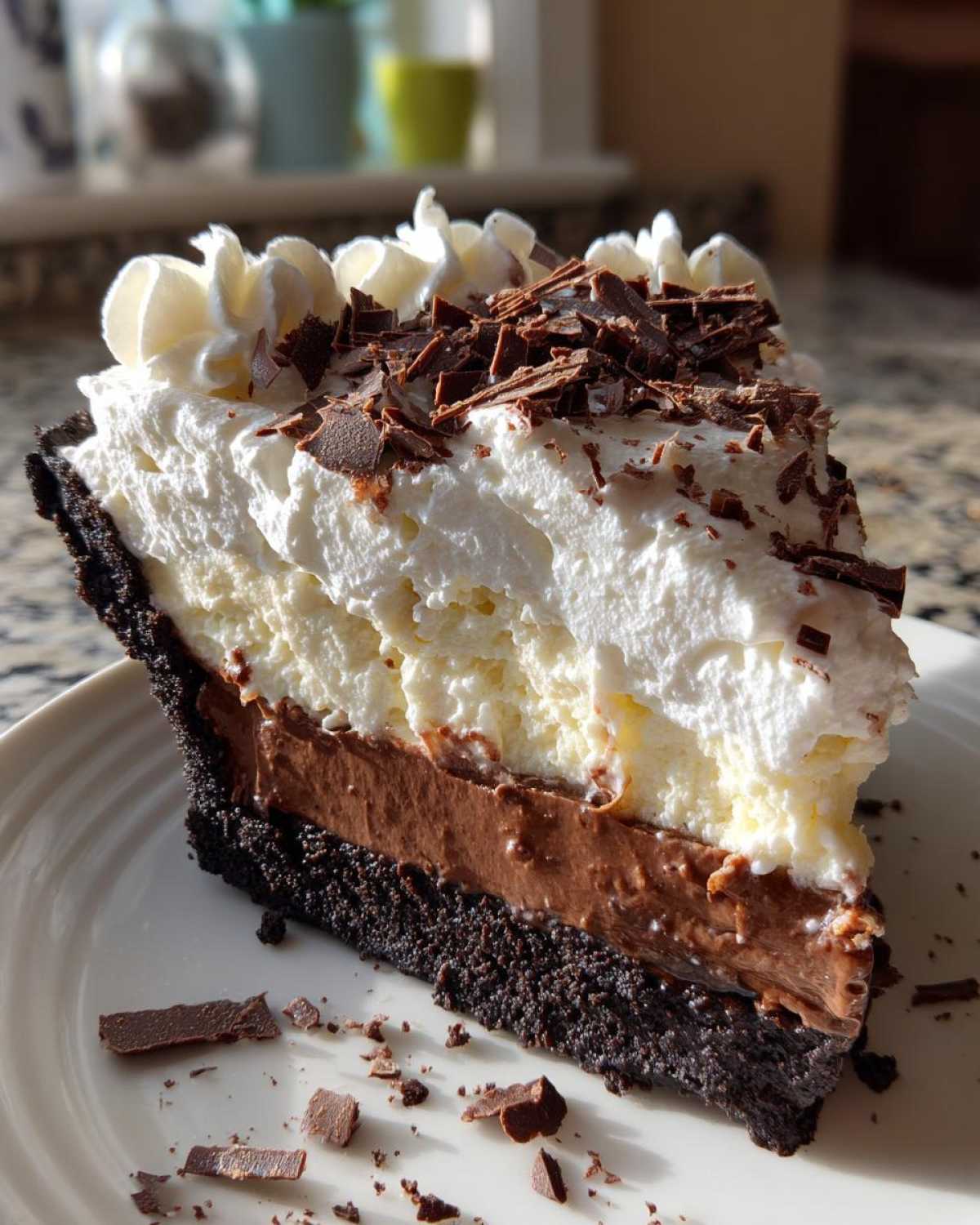A decadent slice of multi-layered mud pie featuring a dark crust, chocolate filling, vanilla layer, and topped with whipped cream and chocolate shavings.