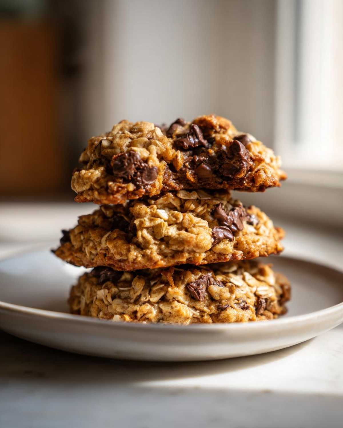 Three delicious chocolate chip oatmeal cookie stacked on a light ceramic plate, close-up.