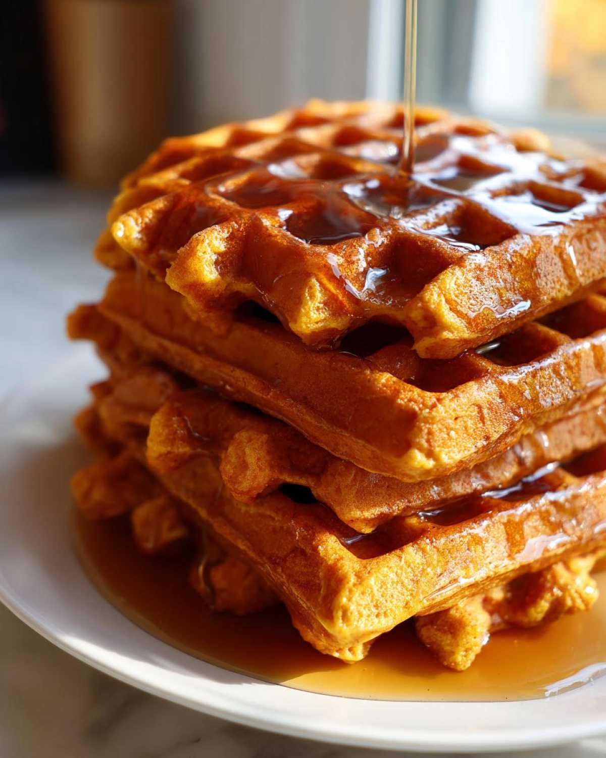 A tall stack of golden brown pumpkin waffles being drizzled with maple syrup on a white plate.