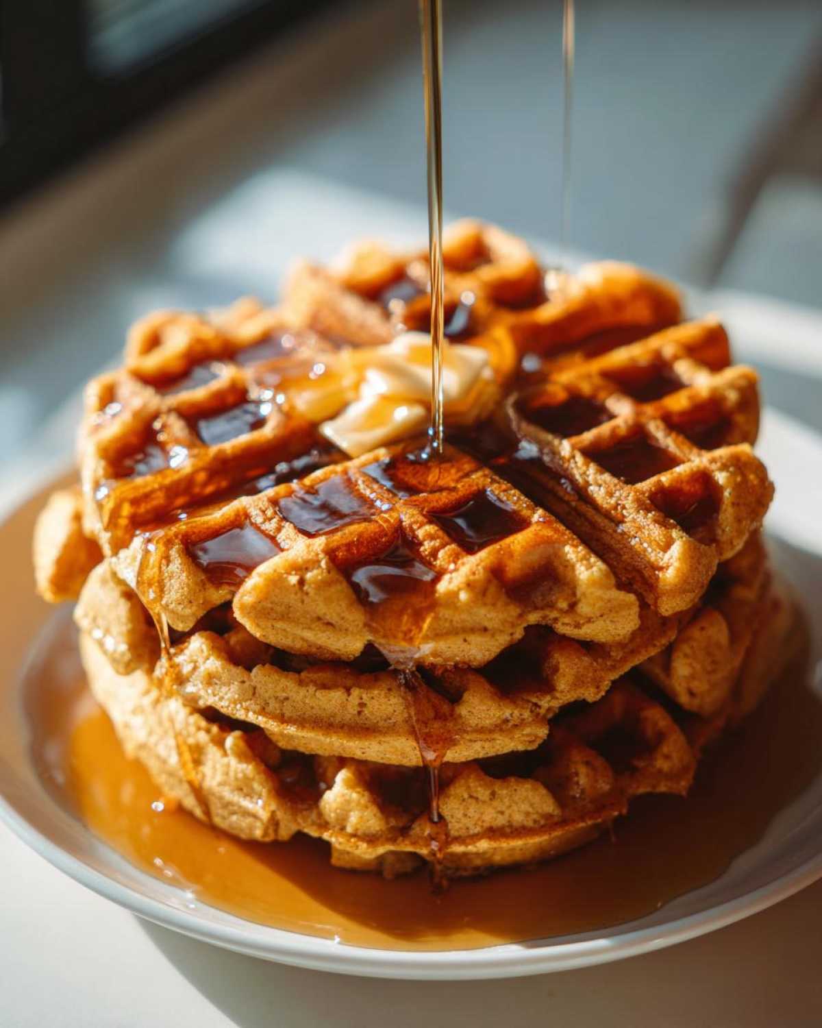 A tall stack of golden brown pumpkin waffles being drizzled generously with maple syrup and topped with melting butter.