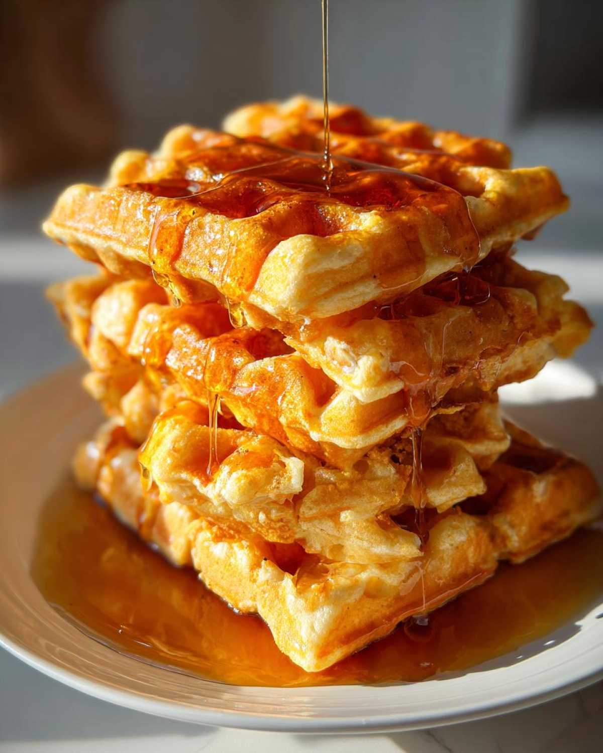 A tall stack of golden pumpkin waffles being generously drizzled with maple syrup.