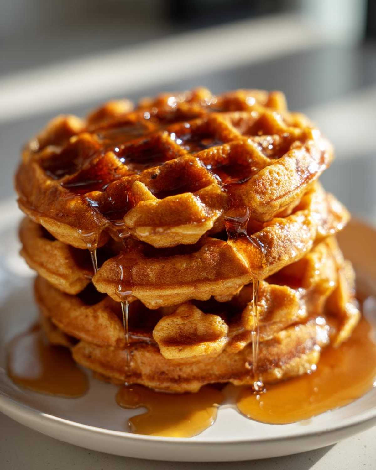 Close-up of a tall stack of golden brown pumpkin waffles covered in dripping maple syrup.