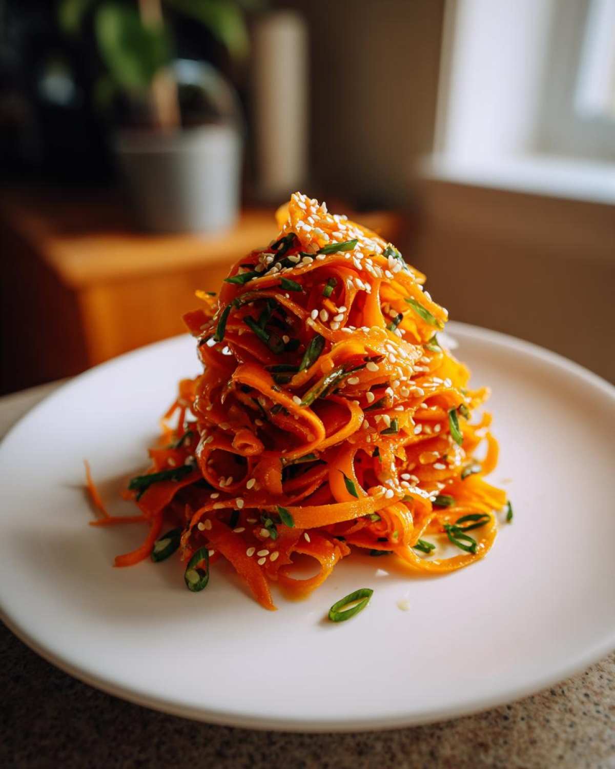 A tall mound of vibrant orange raw carrot salad ribbons topped with sesame seeds and green onions.
