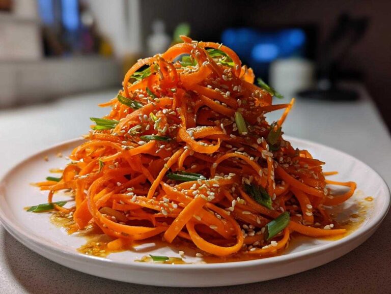 Amazing raw carrot salad in 5 bites A mound of vibrant raw carrot salad, julienned and tossed with sesame seeds and green onions.
