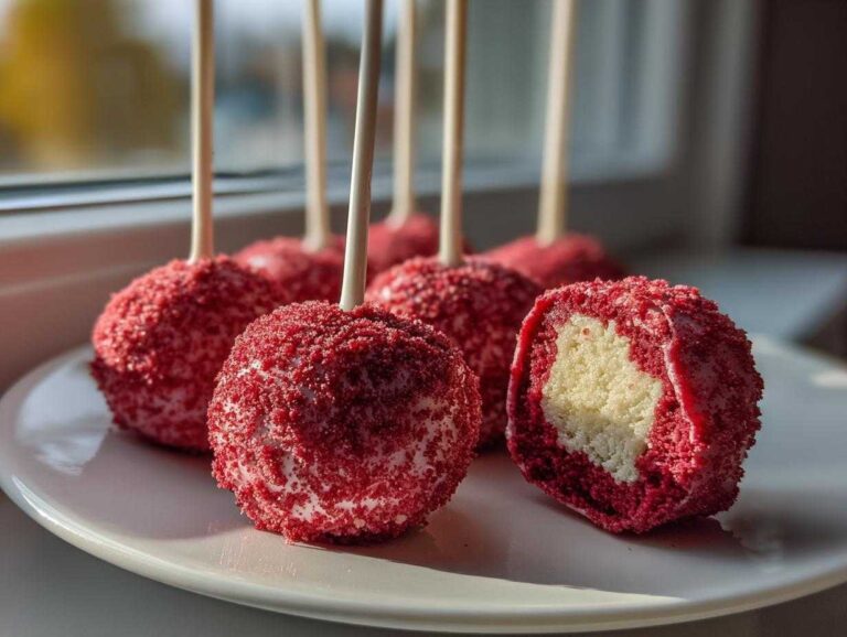 Amazing red velvet cake pops 1 secret trick A plate of vibrant red velvet cake pops coated in red crumbs, one cut open showing the white cake center.