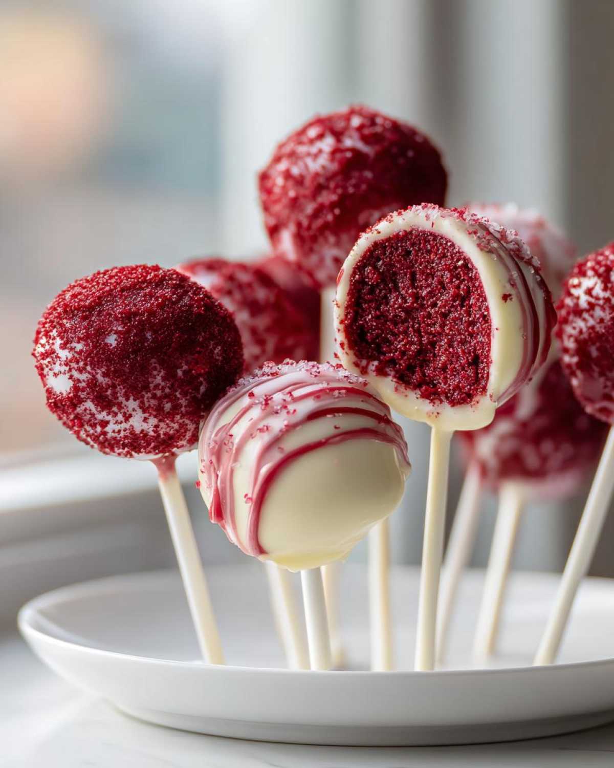 Close-up of several red velvet cake pops dipped in white chocolate, one cut open to show the interior.