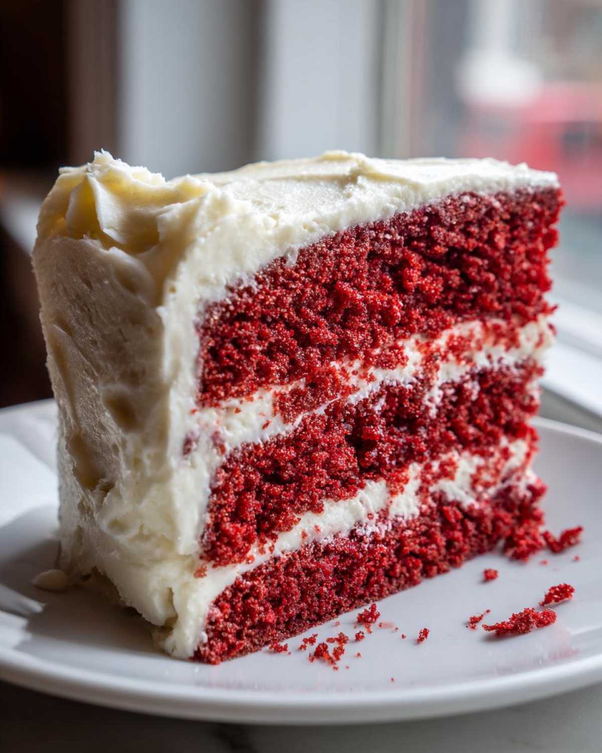 A tall, moist slice of red velvet cake layered with thick cream cheese frosting, sitting on a white plate.