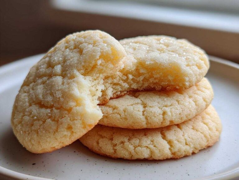 A stack of three amazing soft sugar cookies, one broken open to show the fluffy interior.