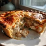 A freshly baked turkey pot pie recipe cut in half, revealing chunks of turkey, carrots, and peas in a creamy sauce under a flaky, golden crust.