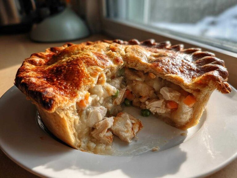 A freshly baked turkey pot pie recipe cut in half, revealing chunks of turkey, carrots, and peas in a creamy sauce under a flaky, golden crust.