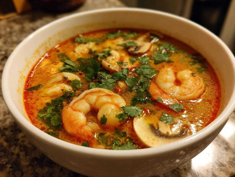 A close-up, vibrant bowl of authentic tom yum soup featuring large shrimp, sliced mushrooms, and fresh cilantro.