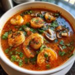 Close-up of a white bowl filled with vibrant, spicy tom yum soup featuring large shrimp and sliced mushrooms.