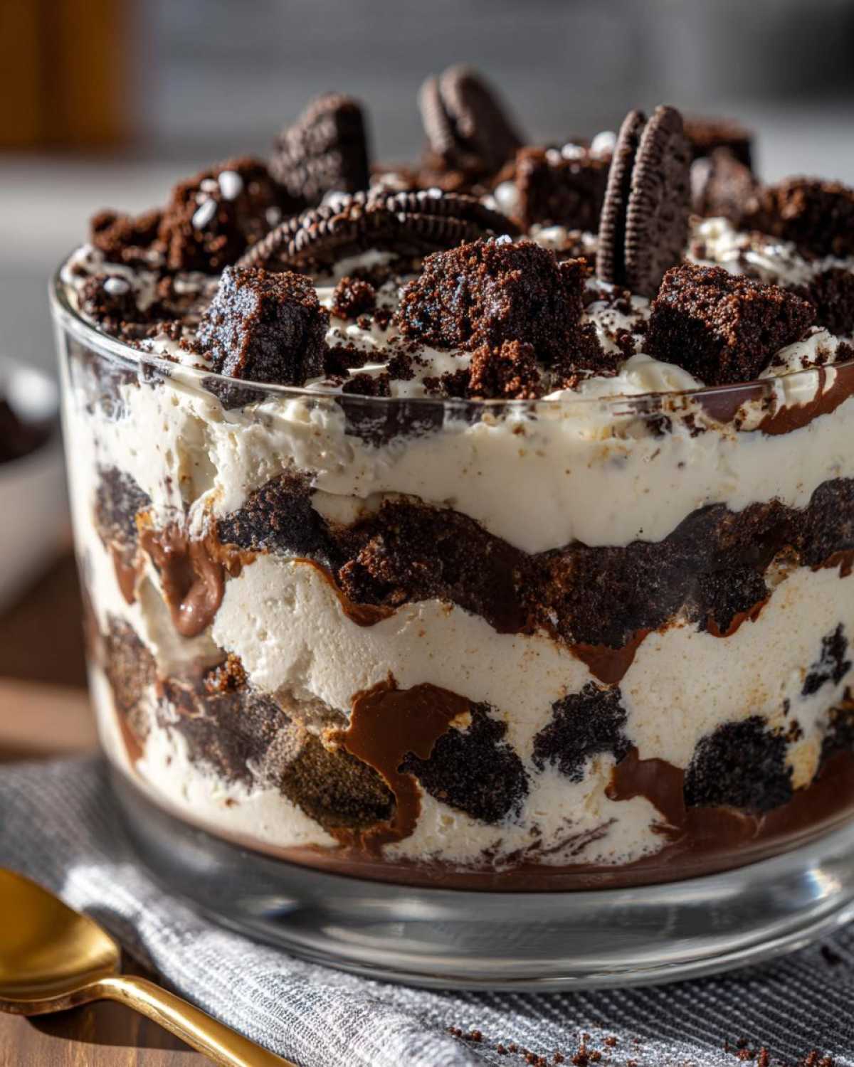 Layers of creamy filling, chocolate cake pieces, and chocolate sauce in a Baileys Chocolate Cheesecake Trifle.
