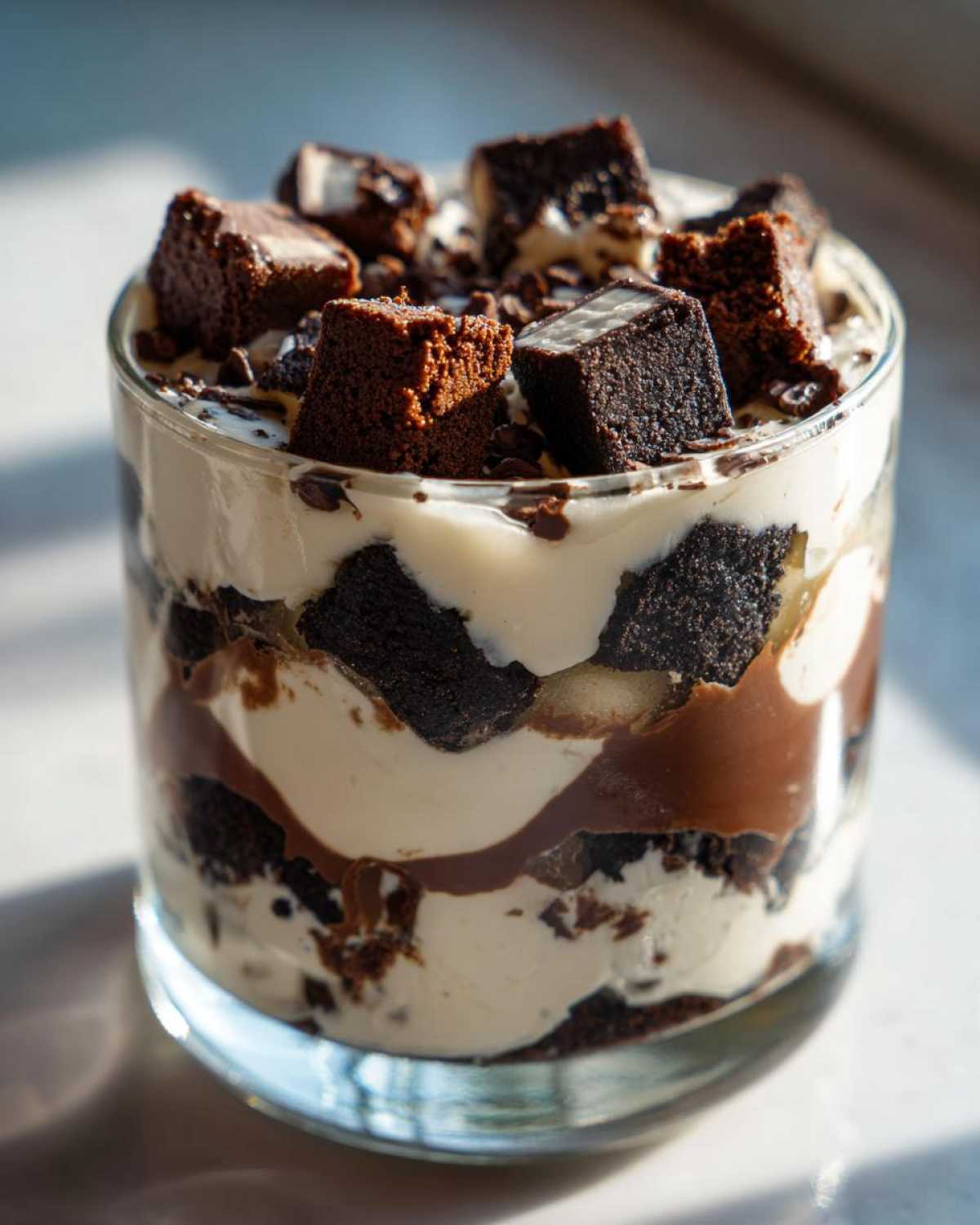 Close-up of a Baileys Chocolate Cheesecake Trifle layered with cream, chocolate sauce, and brownie pieces.