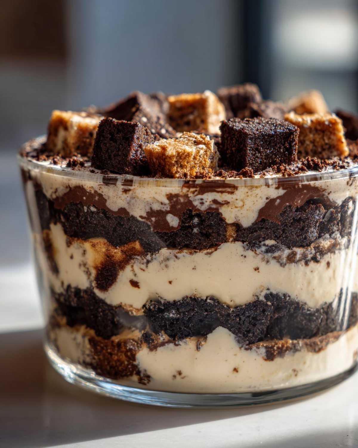 Close-up of a Baileys Chocolate Cheesecake Trifle showing alternating layers of creamy filling and dark chocolate cake pieces.