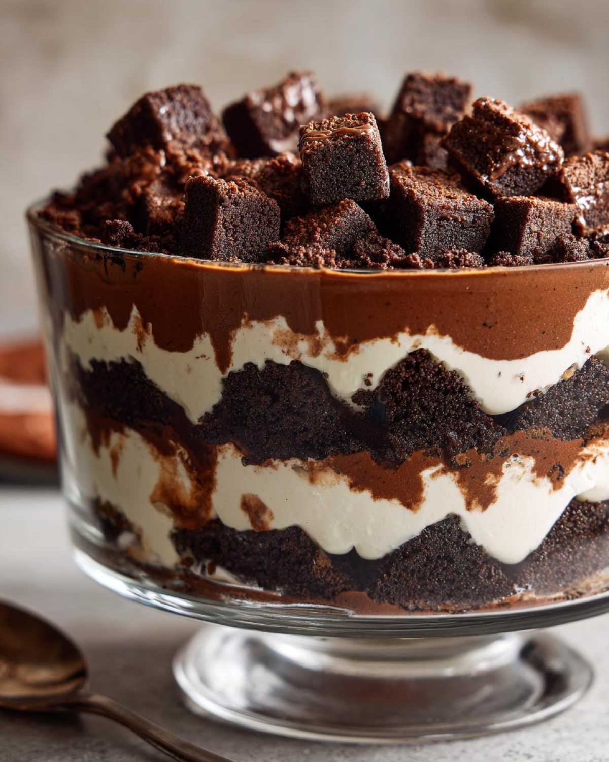 Close-up of a layered Baileys Chocolate Cheesecake Trifle featuring dark chocolate cake, cream filling, and brownie cubes on top.