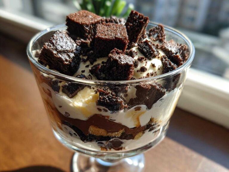 Close-up of a layered Baileys Chocolate Cheesecake Trifle topped with rich brownie chunks.