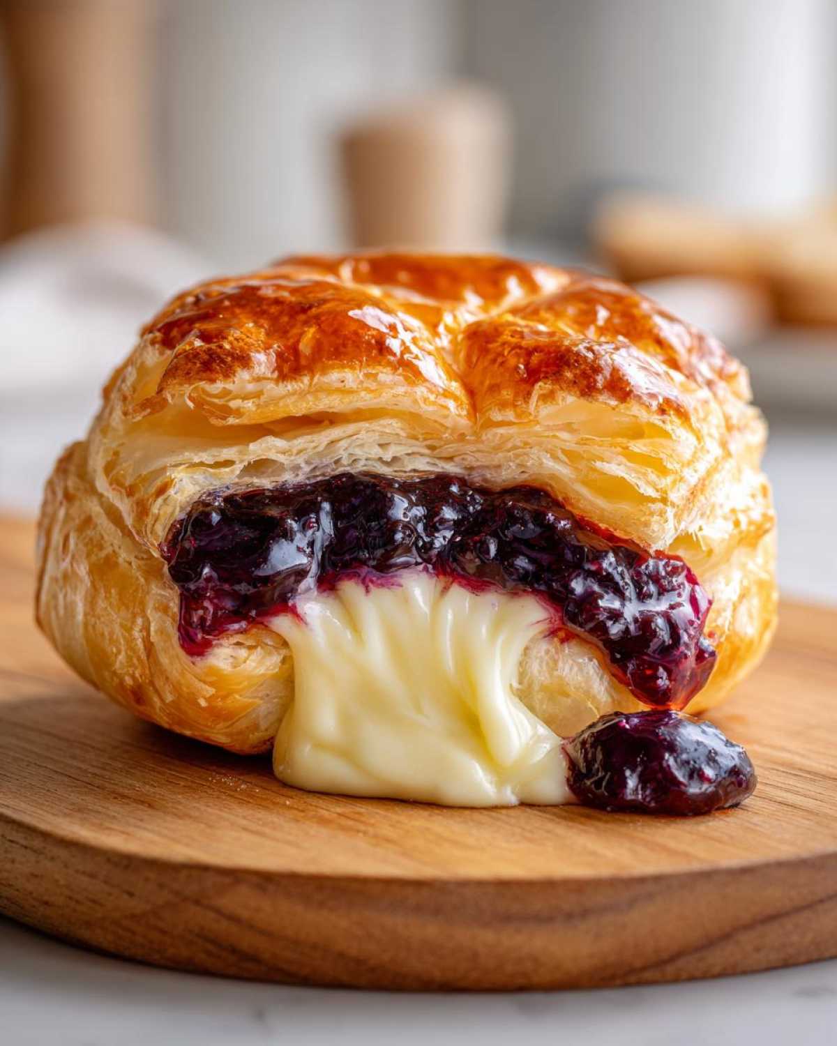 Close-up of a golden puff pastry baked brie oozing melted cheese and dark berry jam.