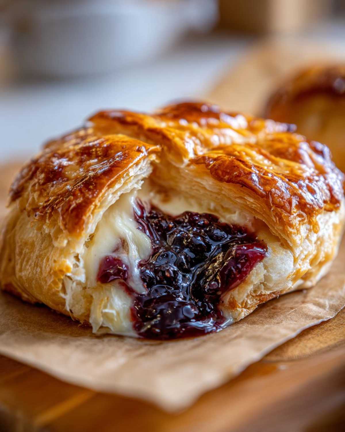 Close-up of a flaky pastry wrapped baked brie oozing melted cheese and dark berry jam.