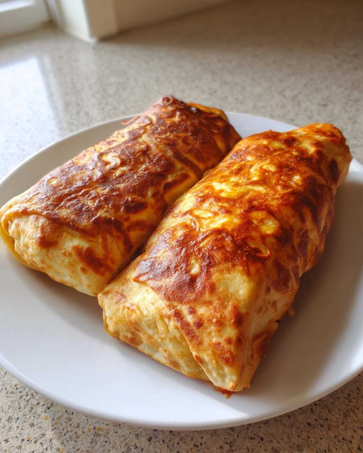 Two golden-brown, baked chicken chimichangas resting on a white plate, ready to eat.