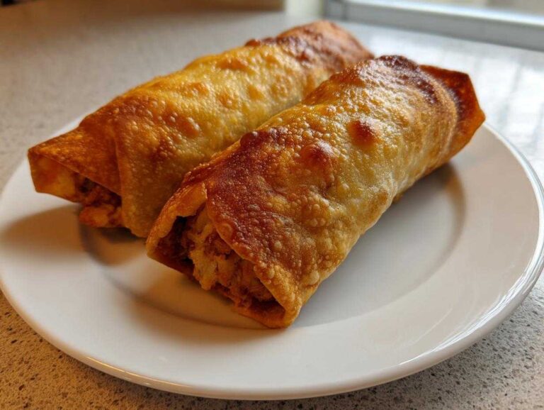 Two crispy, golden brown Baked Chicken Chimichangas resting on a small white plate.
