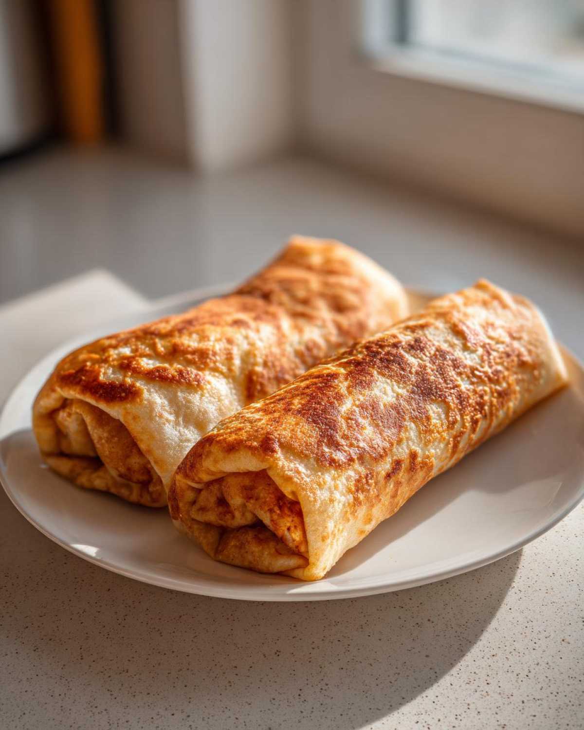 Two golden-brown Baked Chicken Chimichangas resting on a white plate near a window.
