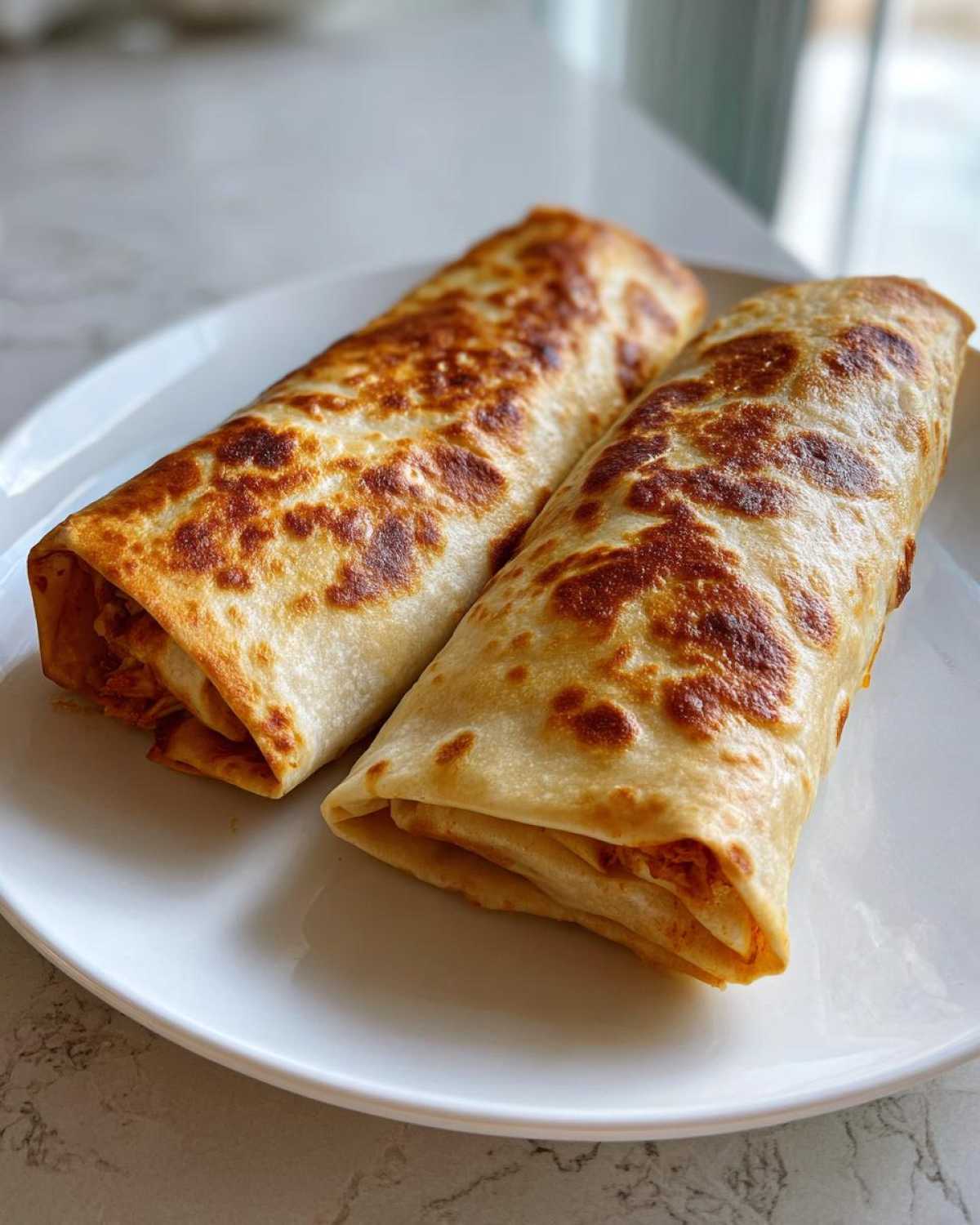 Two golden-brown, crispy Baked Chicken Chimichangas served side-by-side on a white plate.
